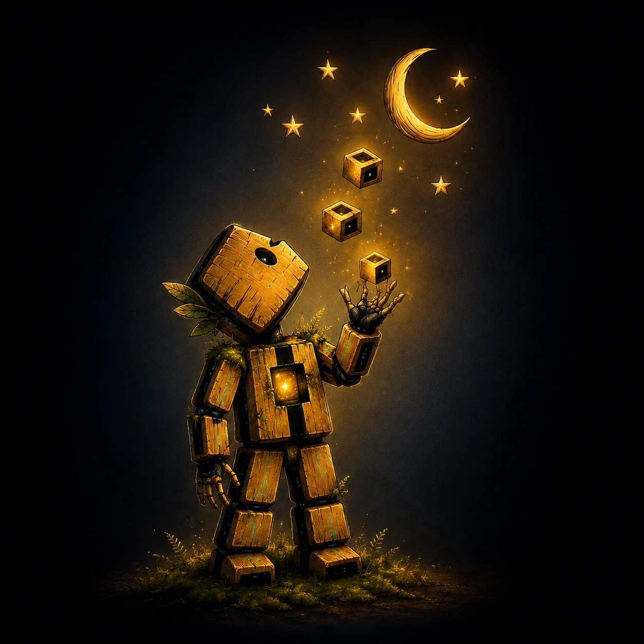 Wooden Boy Industries Sprite looking toward floating lights
