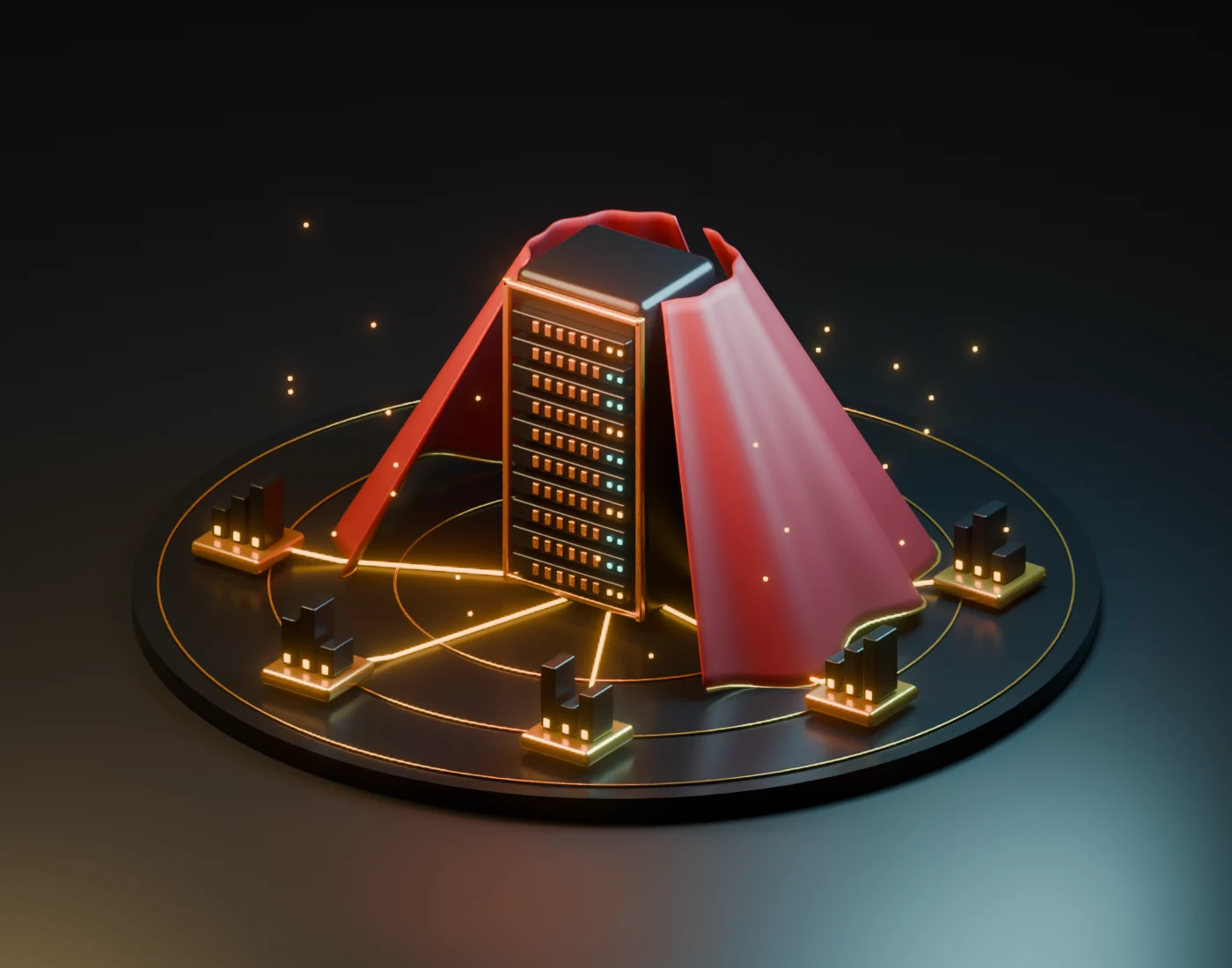 Original 3D illustration of a glowing server, an open crimson cape, and five connected community landmarks.