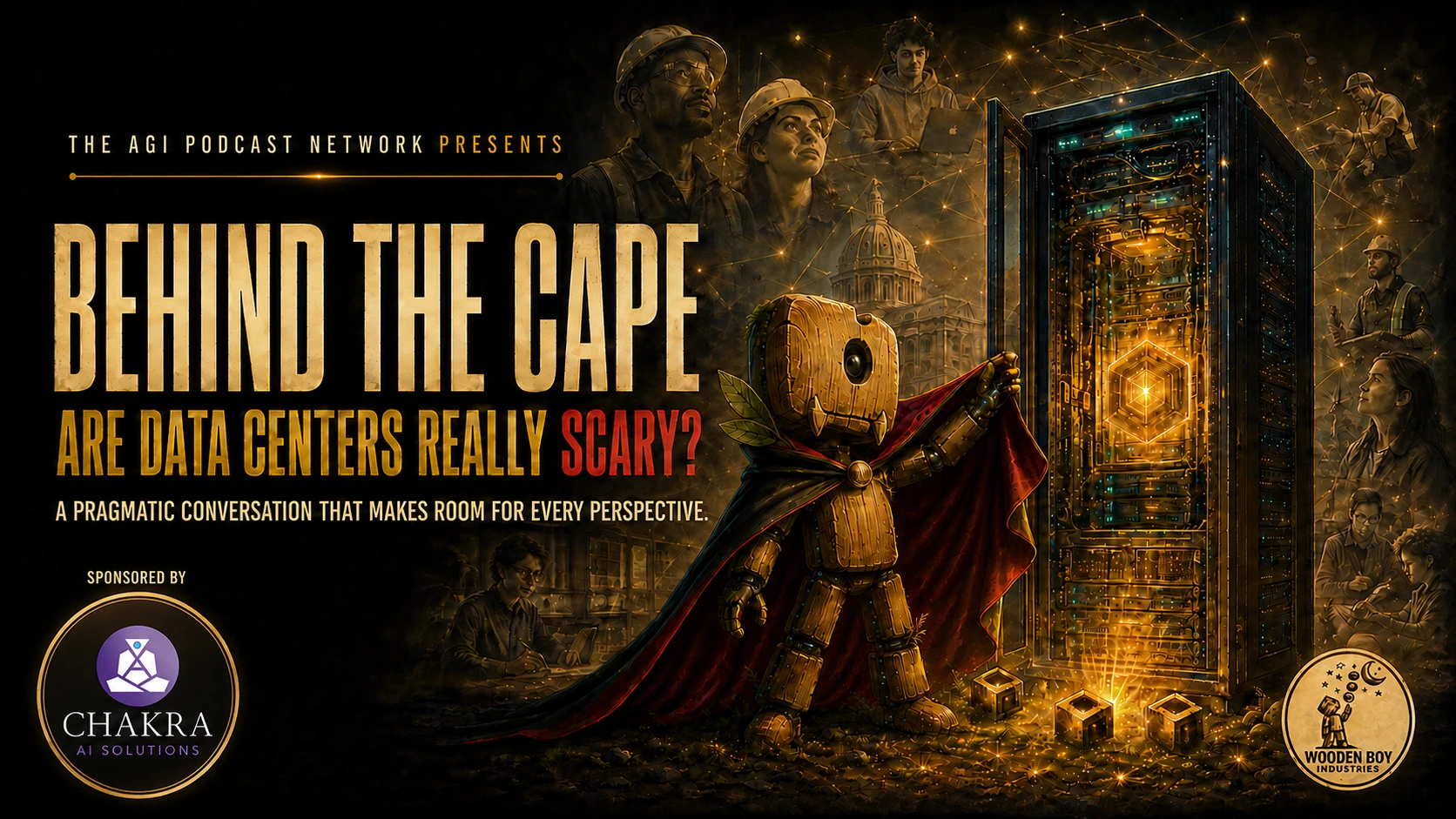 Behind the Cape event artwork: Sprite, a wooden character in a crimson-lined Dracula cape, reveals a glowing server rack surrounded by community workers. Sponsored by Chakra AI Solutions and Wooden Boy Industries.