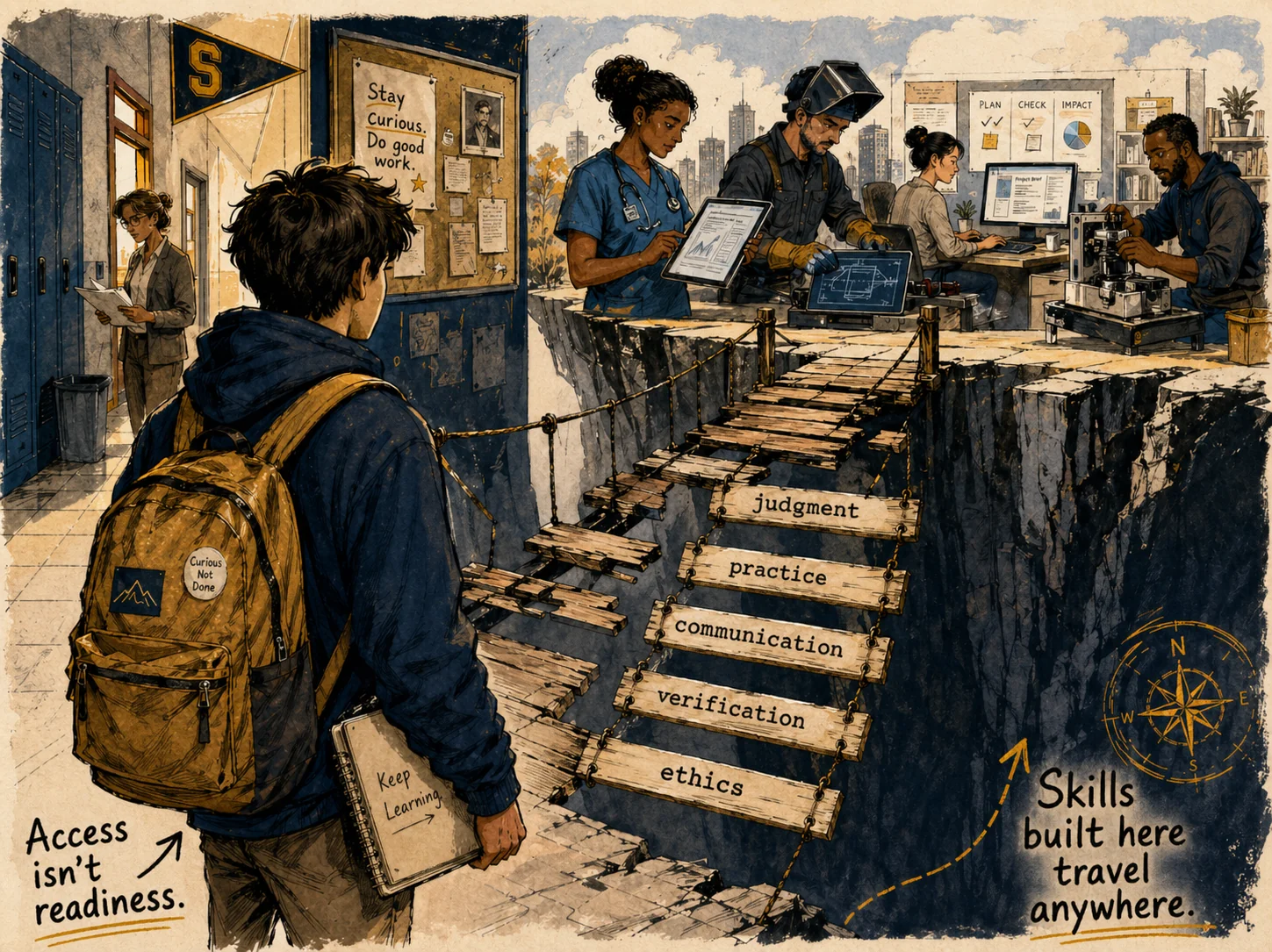 A student stands at the edge of a bridge between school and an AI-shaped workplace, representing the gap between access and readiness.