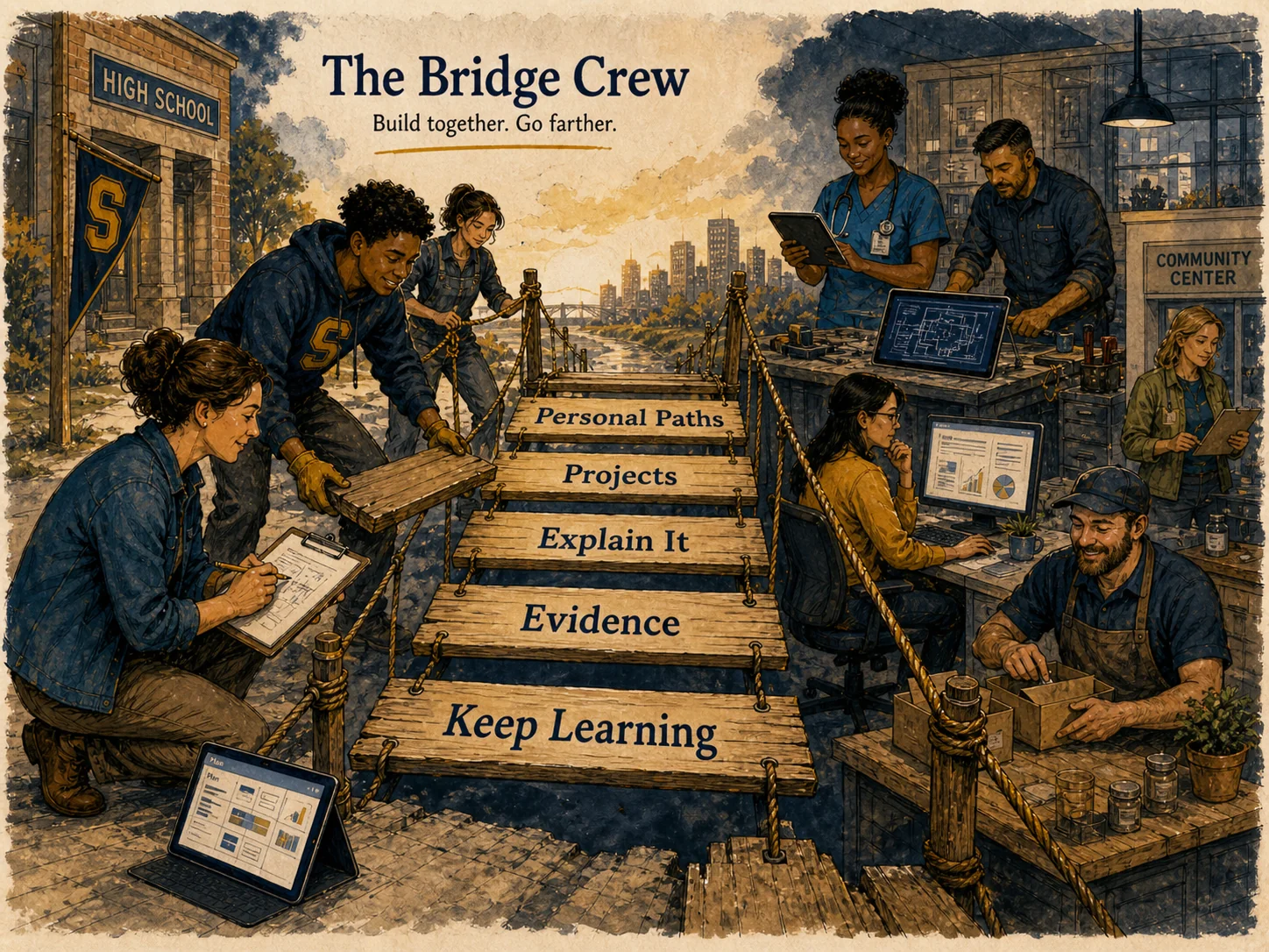 A teacher, student, and helpers work together to build a bridge from school toward the working world.