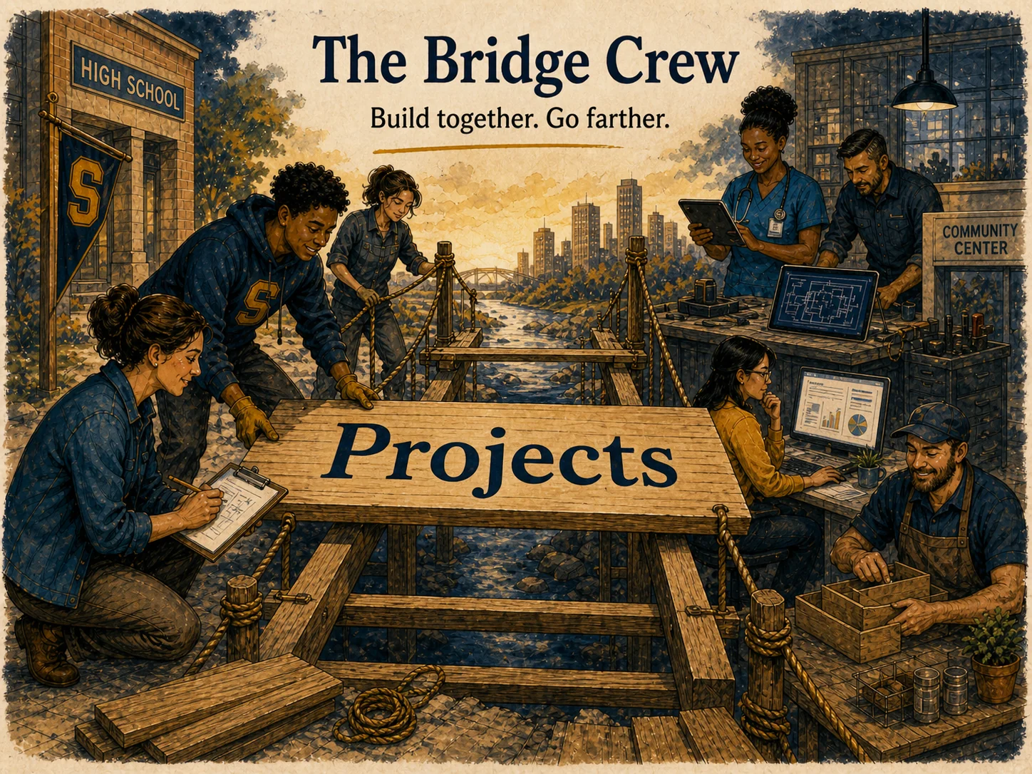 A bridge plank labeled Projects, suggesting one practical step educators can take now.