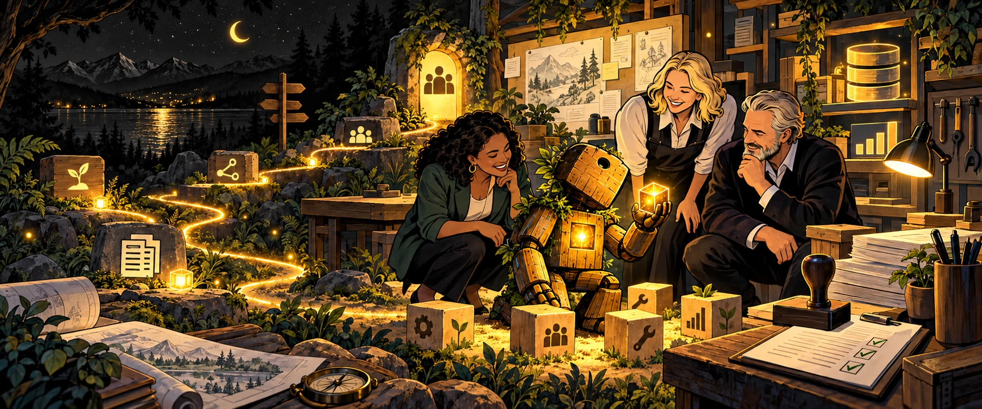 A wooden robot and three businesspeople exploring a black moonlit workshop where glowing paths connect data, tools, permissions, and human approval